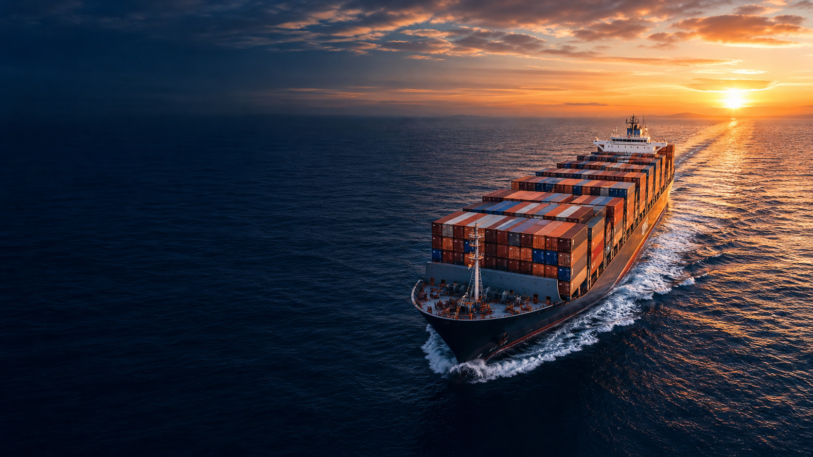Large container ship sailing at sunset